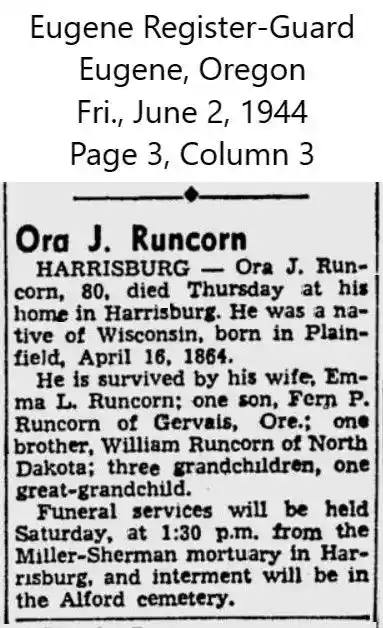 Ora Runcorn Newspaper article obituary